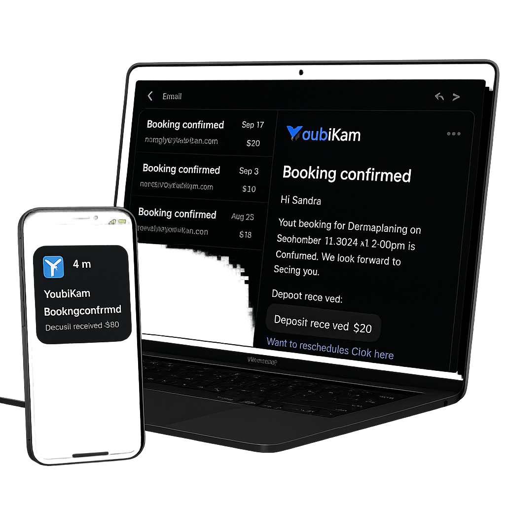 YoubiKam booking dashboard & checkout mock-ups – dark